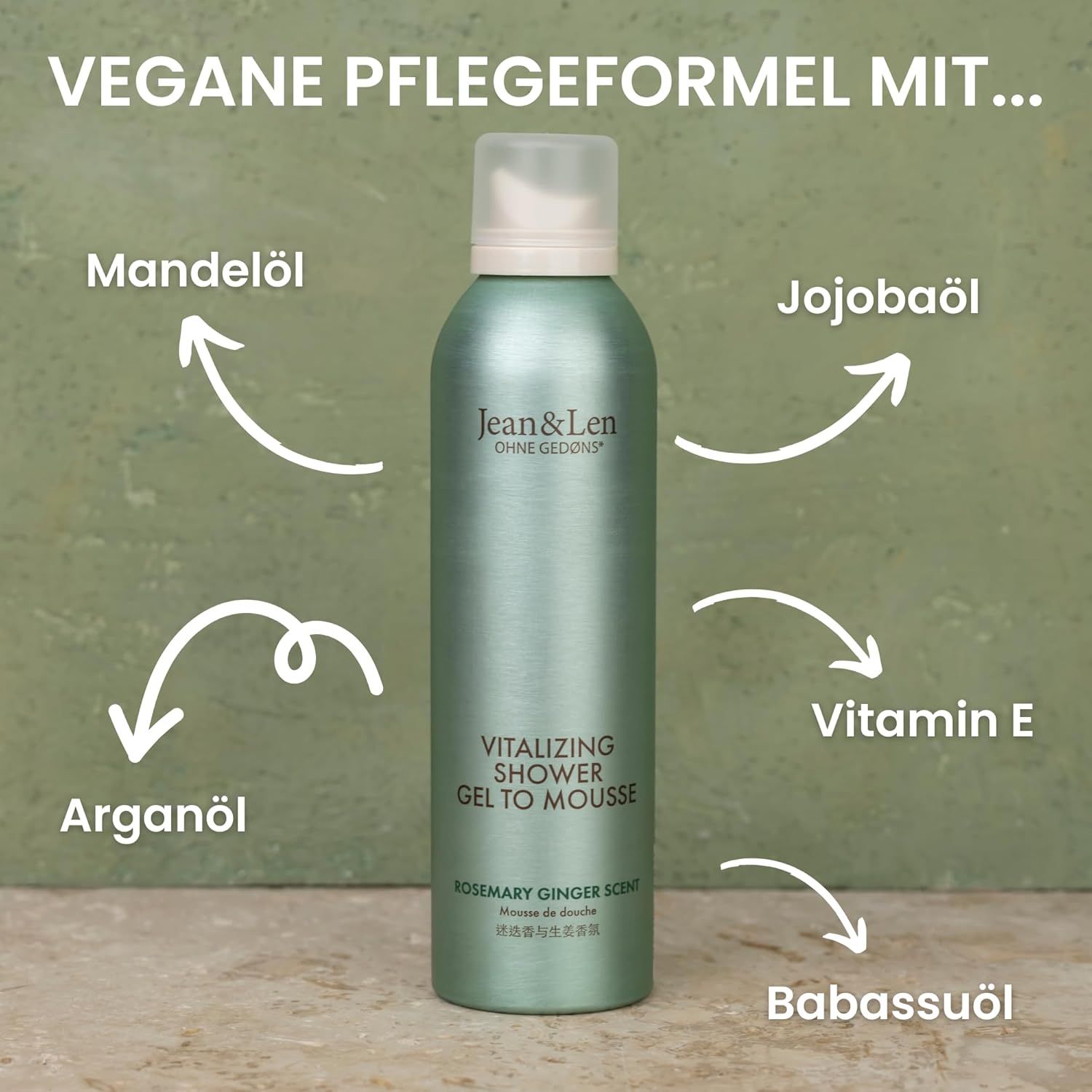 Flacon vert avec bouchon blanc. Texte: Jean & Len, Vitalizing Shower Gel to Mousse. Flèches pointant vers les ingrédients.