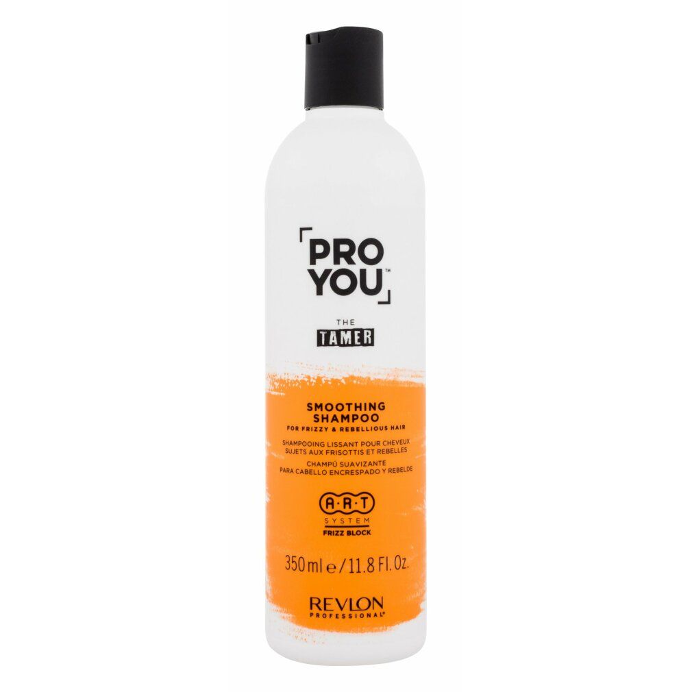 Flacon blanc à bouchon noir. Inscription: PRO YOU THE TAMER, Smoothing Shampoo. Bande orange. Revlon Professional.