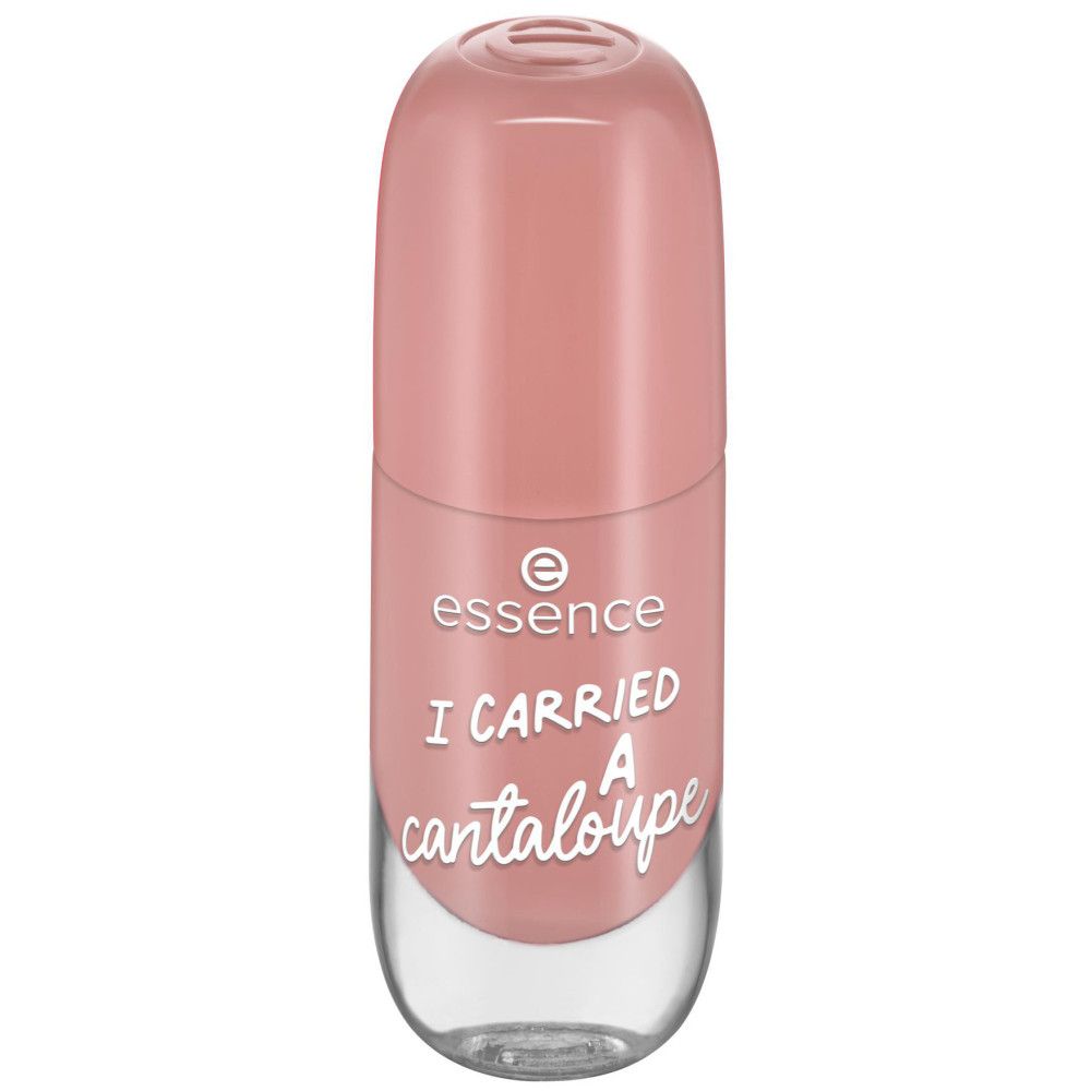 Flacon de vernis à ongles fermé. Vernis à ongles rose avec texte "I carried a cantaloupe".