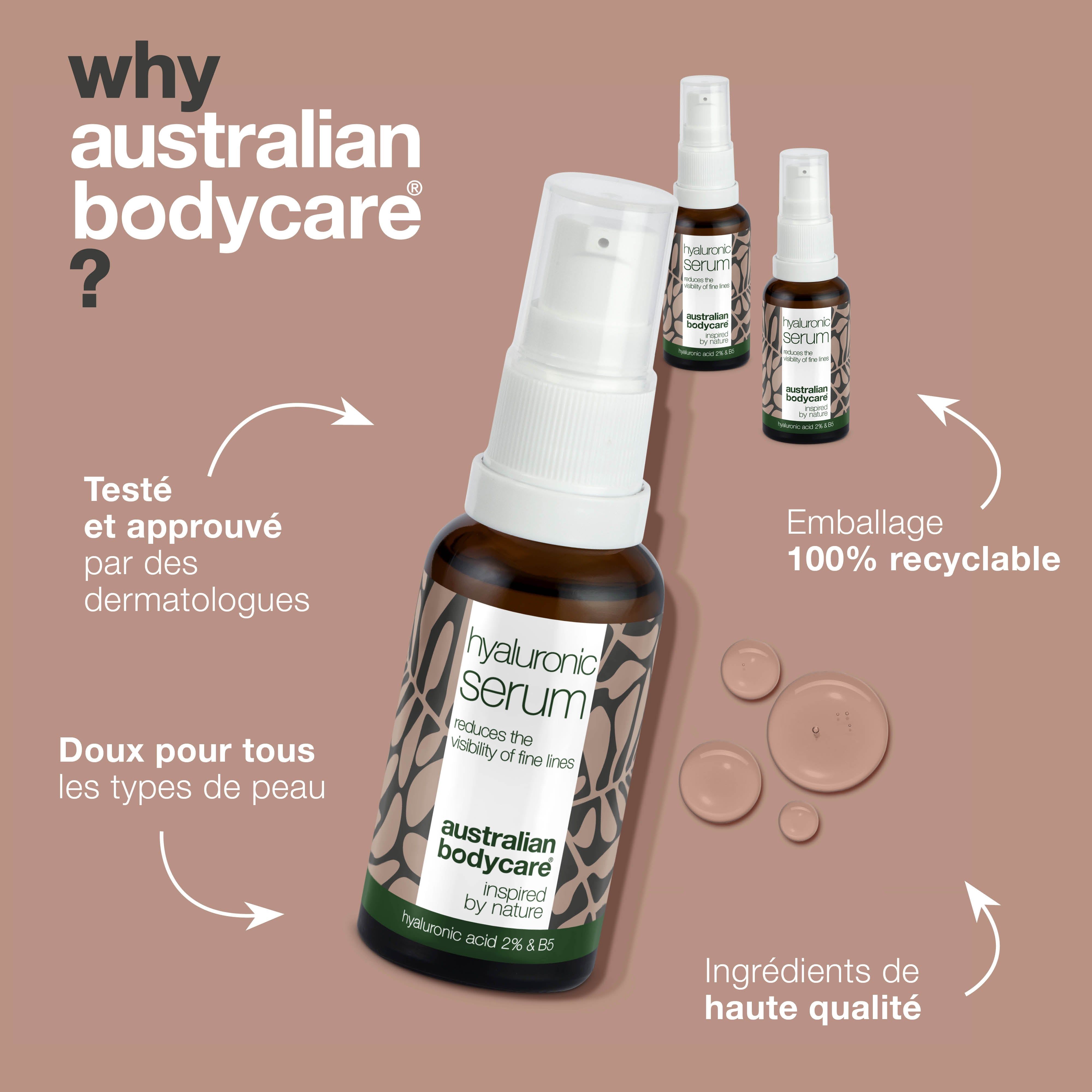 Présentation du produit avec des flacons de sérum. Inscription : Hyaluronic Serum, Australian Bodycare.