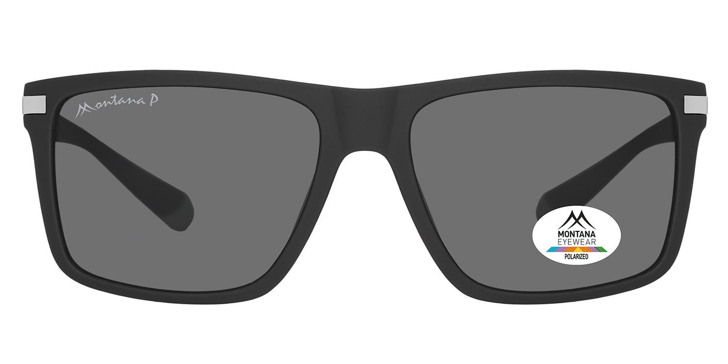 Lunettes de soleil noires à verres rectangulaires. Logo Montana Eyewear sur la branche et le verre. Verres polarisés.
