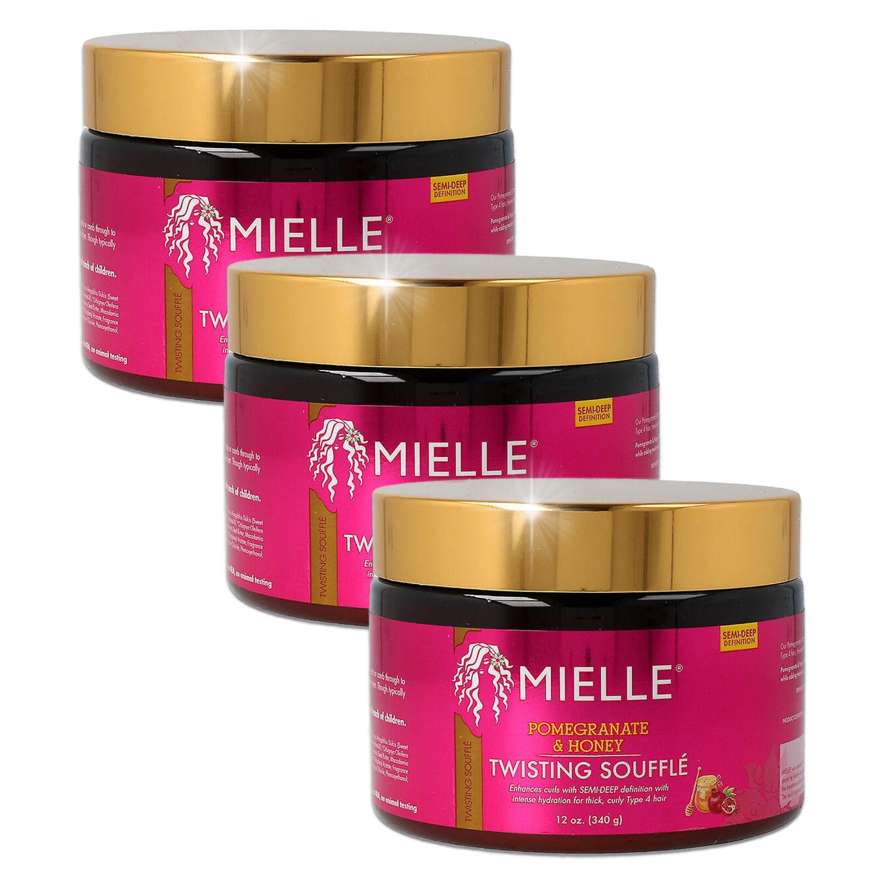 Trois pots roses avec couvercles dorés. Inscription : Mielle Pomegranate & Honey Twisting Soufflé.