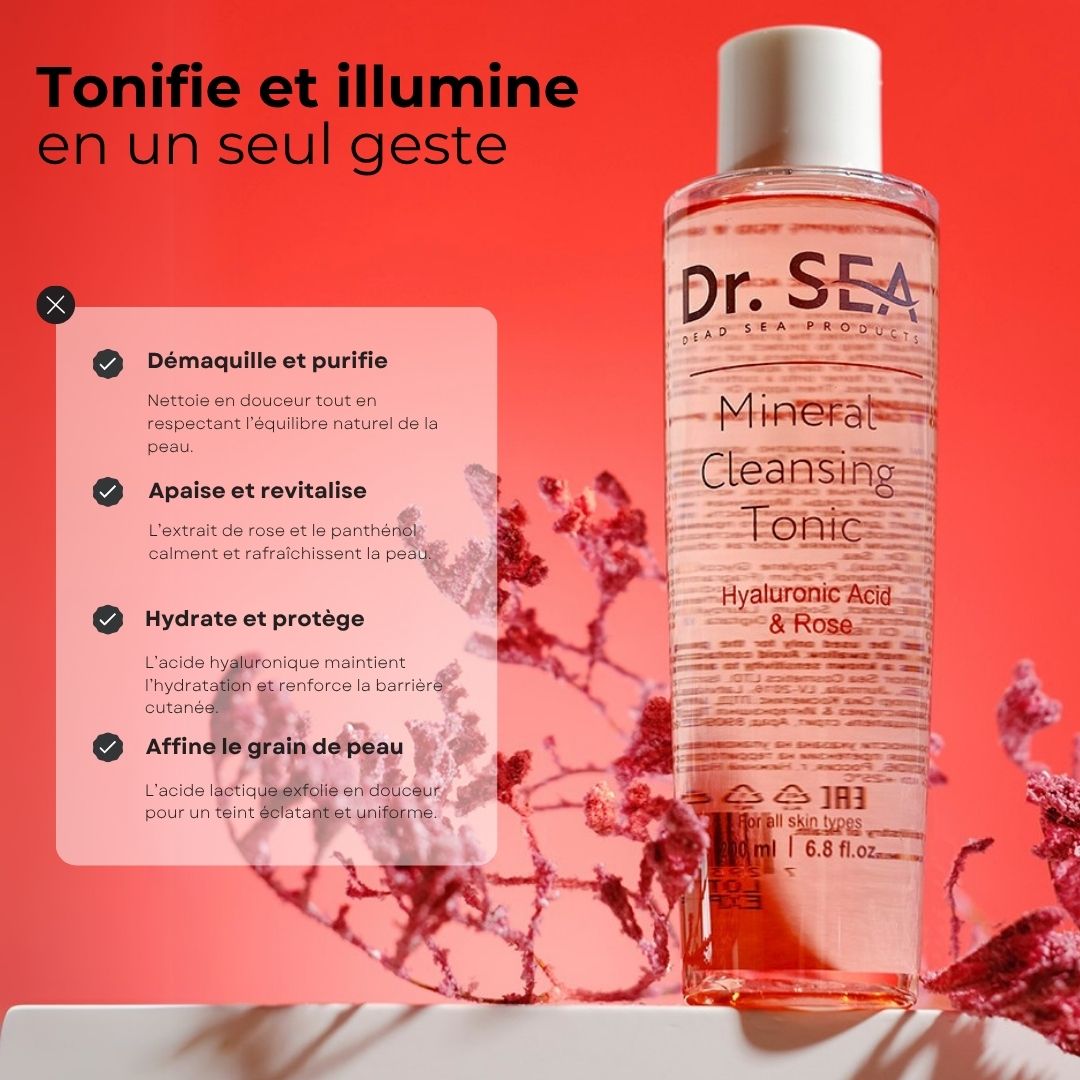 Flacon de tonique à la rose. Inscription : Dr. Sea, Mineral Cleansing Tonic, Acide Hyaluronique & Rose. 200 ml.