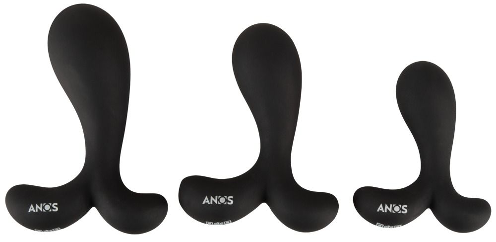 Trois plugs anaux noirs en silicone de différentes tailles, base large, pointe incurvée. Logo ANOS visible.