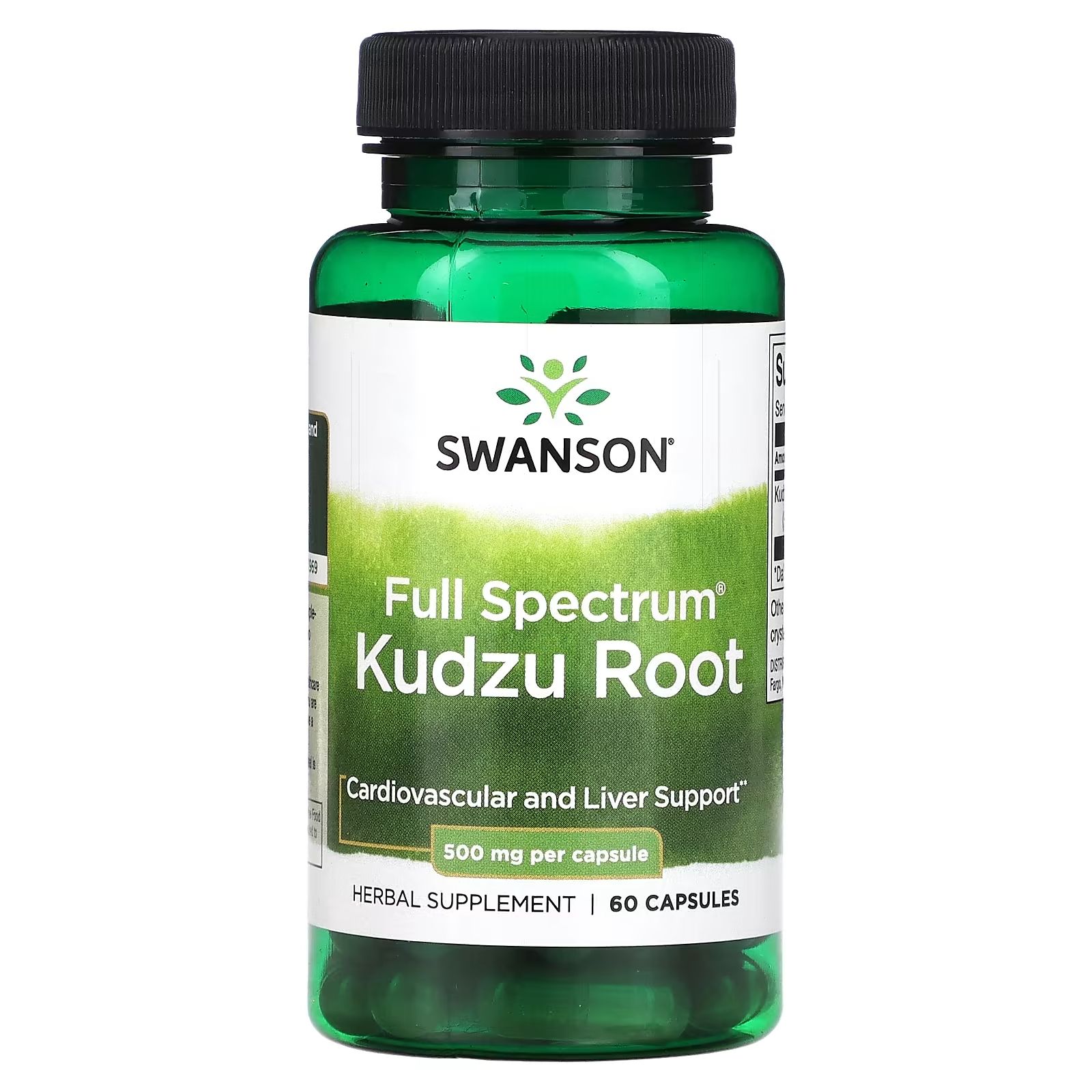 Groene fles Swanson Kudzu Root capsules, 60 stuks, 500 mg per capsule.