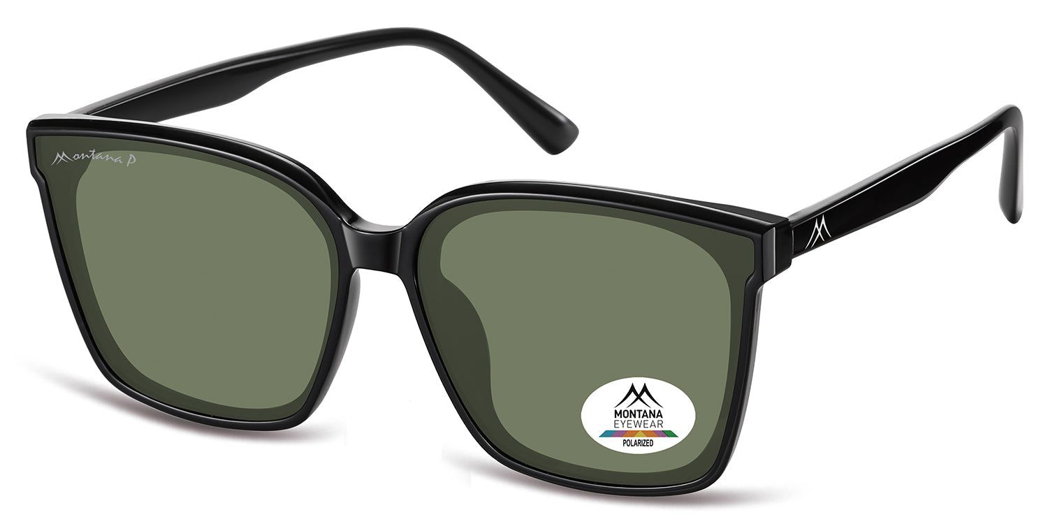Lunettes de soleil noires avec verres verts. Logo Montana Eyewear sur la branche et la lentille. Verres polarisés.