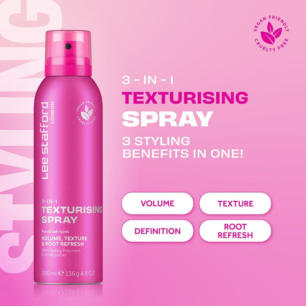 Lee Stafford 3-in-1 Texturising Spray, rose. Caractéristiques : Volume, Texture, Root Refresh.
