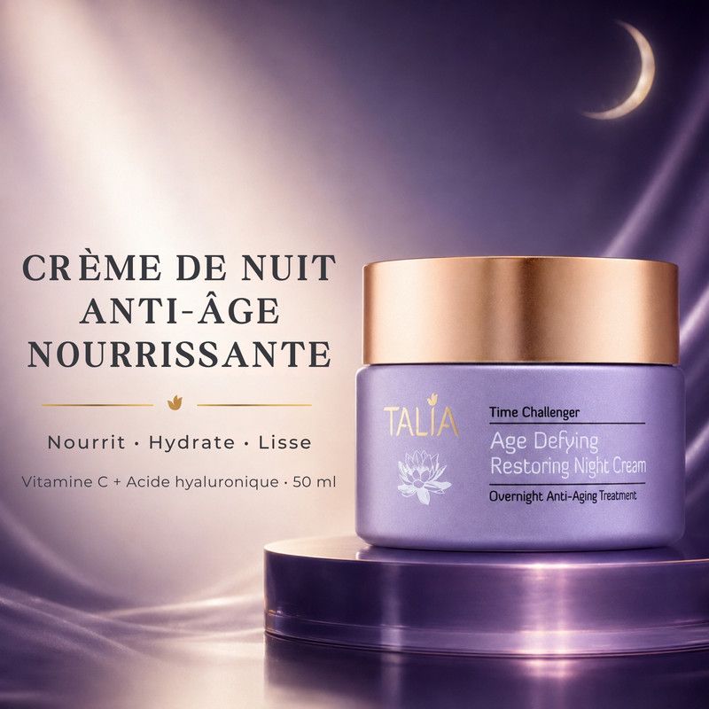 Pot de nuit 'Talia Time Challenger Age Defying Restoring Night Cream' avec texte sur les ingrédients.