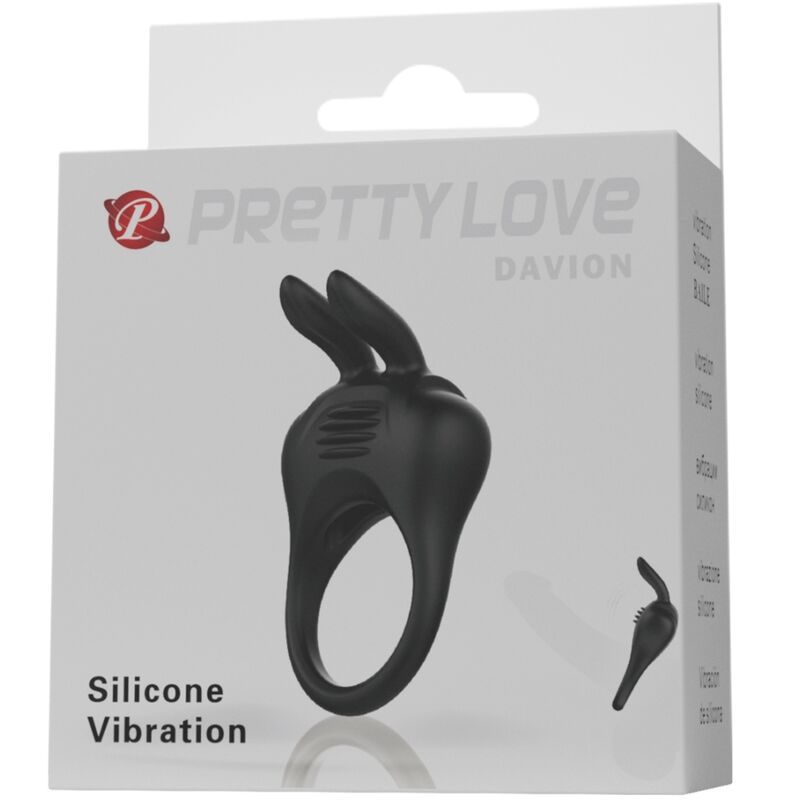 Verpakking van de Pretty Love Davion penisring met konijnenoor-vibrator.