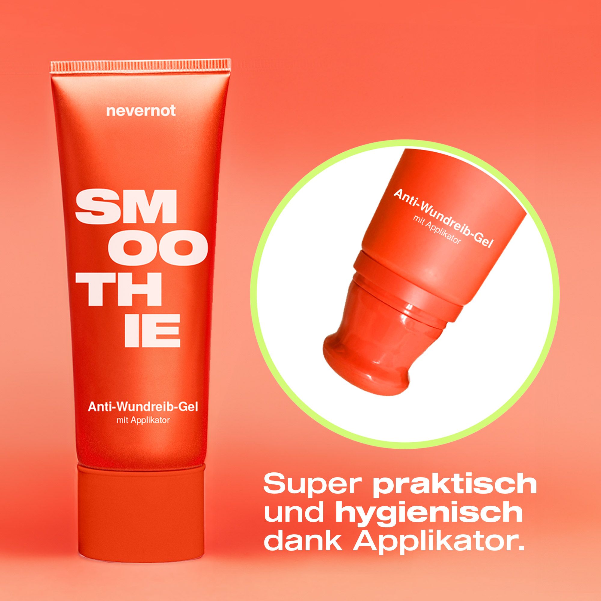 Oranje tube en close-up van de applicator. 'nevernot SMOOTHIE Anti-Wundreib-Gel mit Applikator'.
