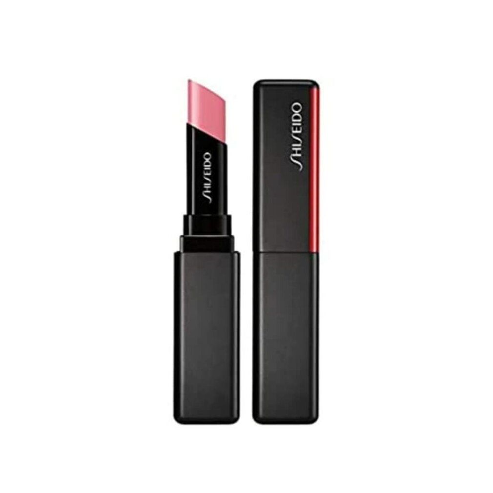 Rouge à lèvres Shiseido ouvert, rose. Boîtier noir avec accent rouge. Boîtier fermé à côté. Logo Shiseido visible.