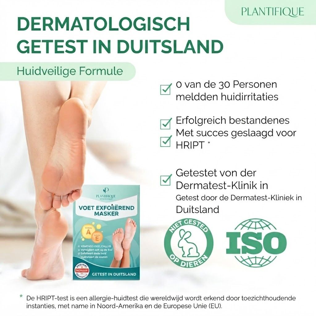 Voetmasker verpakking met huid en voeten. Dermatologisch getest in Duitsland. ISO-certificering.