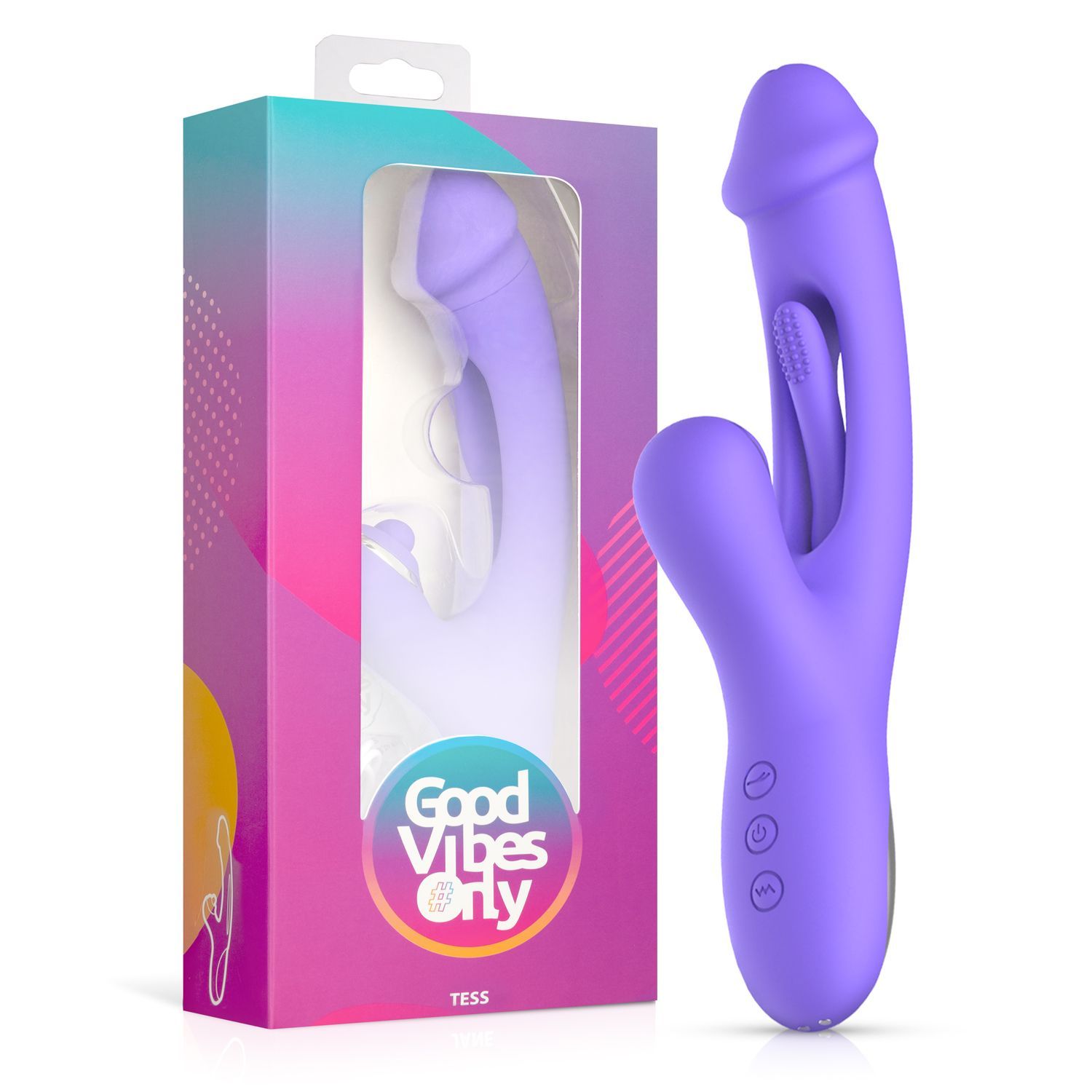 Paarse vibrator met verpakking. Verpakking met venster, productnaam en logo. Productnaam: Good Vibes Only - Tess.