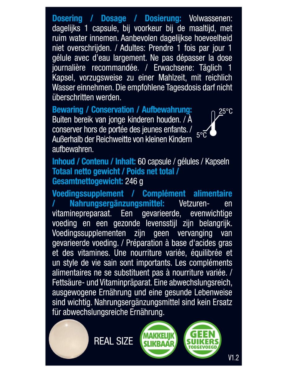 Informatie over dosering en bewaring van Lucovitaal IJslandse Levertraan. Bevat 60 capsules. Tekst in Nederlands, Frans en Duits.