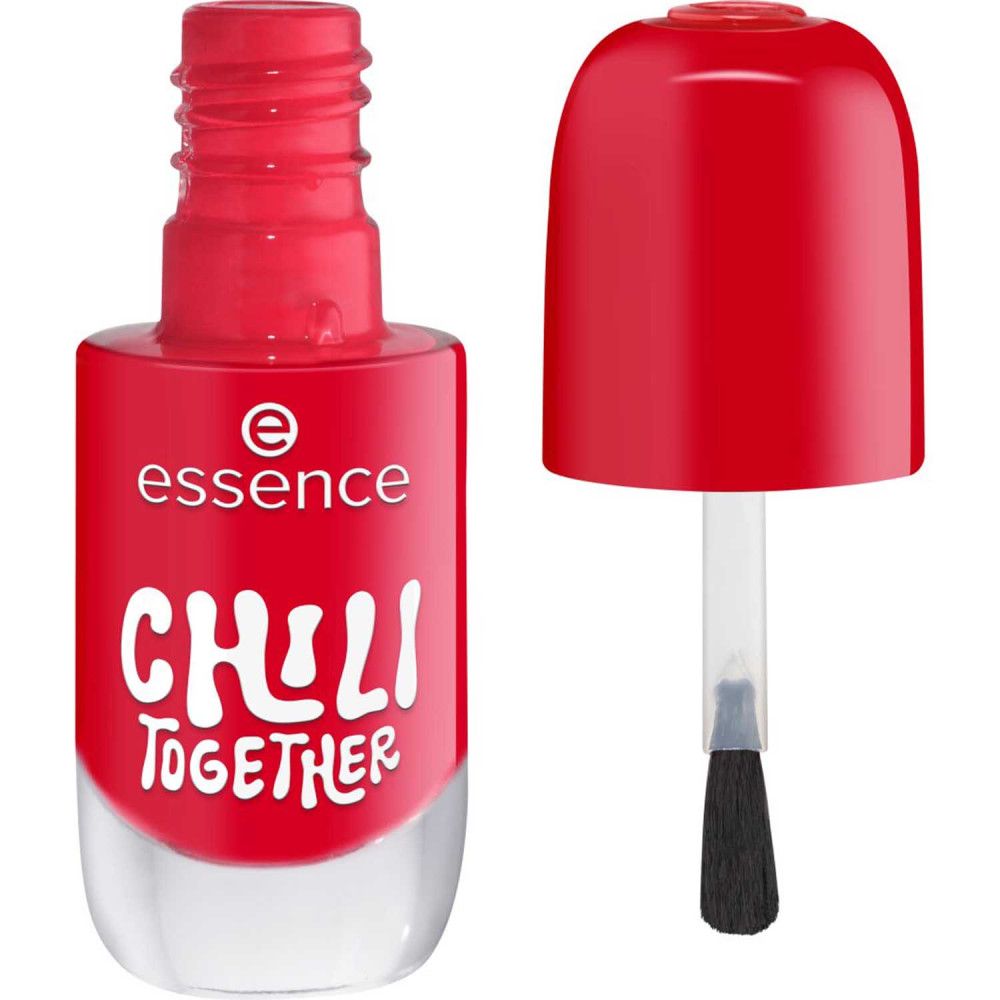 Vernis à ongles rouge, flacon ouvert. Brosse visible. Inscription : Chili Together. Marque : essence.