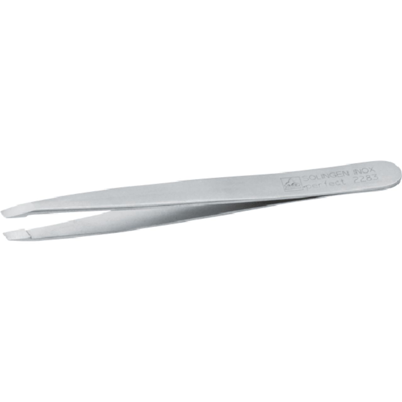 Schuine, roestvrijstalen pincet. Mat metaal. Opschrift: SOLINGEN INOX perfect 2283.