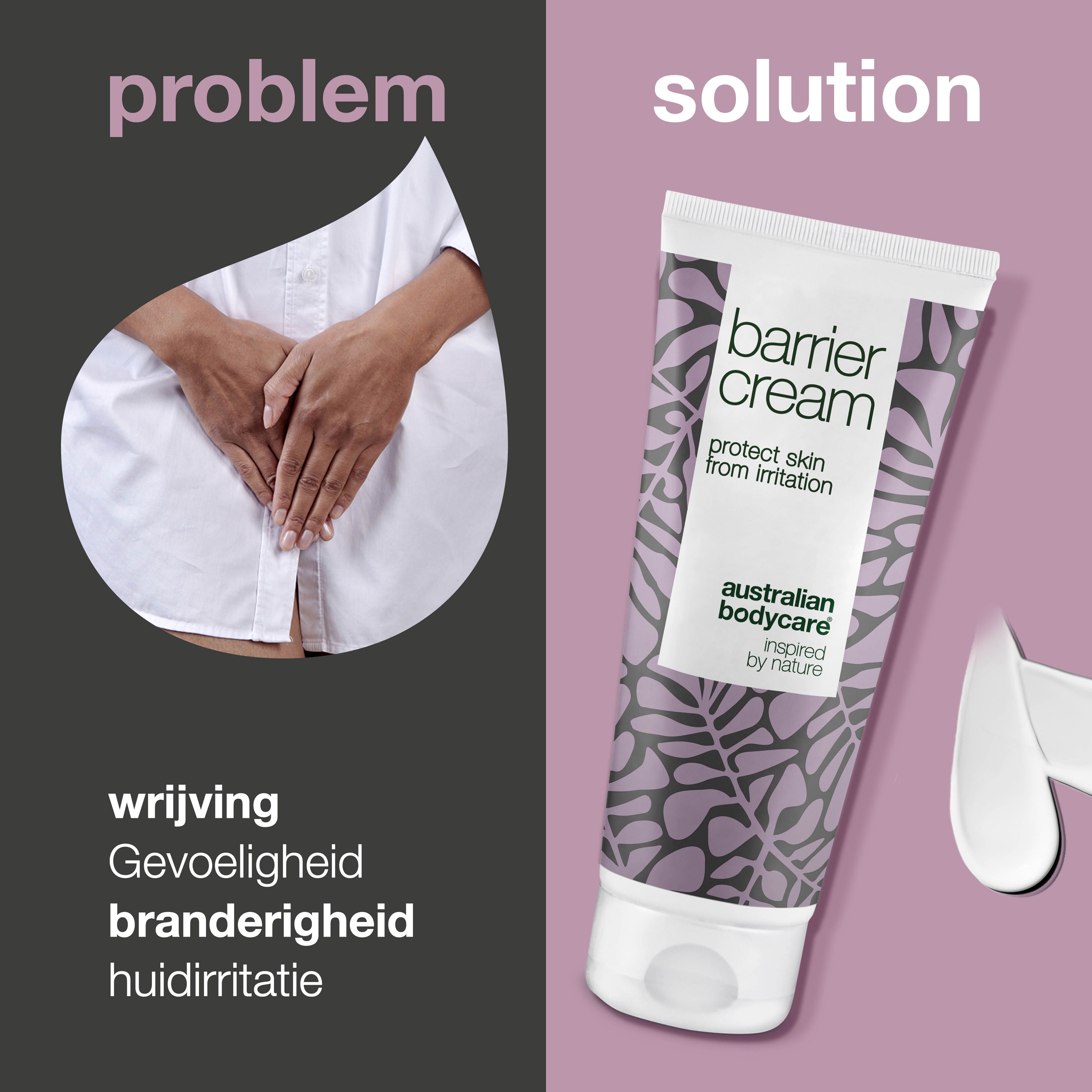 Twee elementen: probleem en oplossing. Tube met bloemenpatroon. Opschrift: Barrier Cream. Merk: Australian Bodycare.