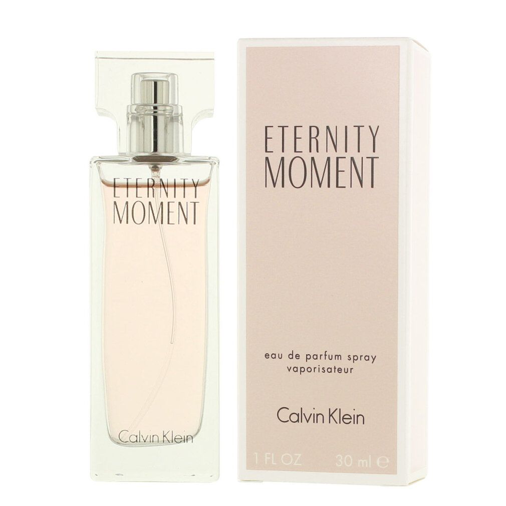 Flacon et emballage. Inscription "Eternity Moment" et "Calvin Klein". Emballage rose et liquide rose.