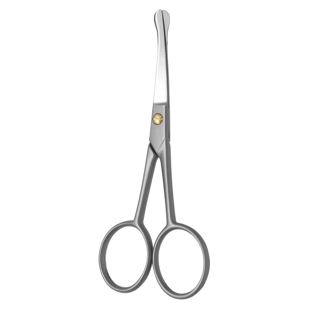 Ciseaux courbés pour poils de nez et d'oreilles en métal, avec deux anneaux pour les doigts et une connexion à vis.