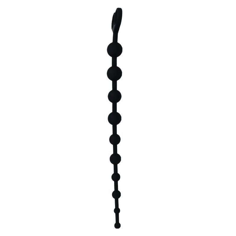 Chaîne de perles anales noire avec poignée en forme de cœur, sur fond blanc.