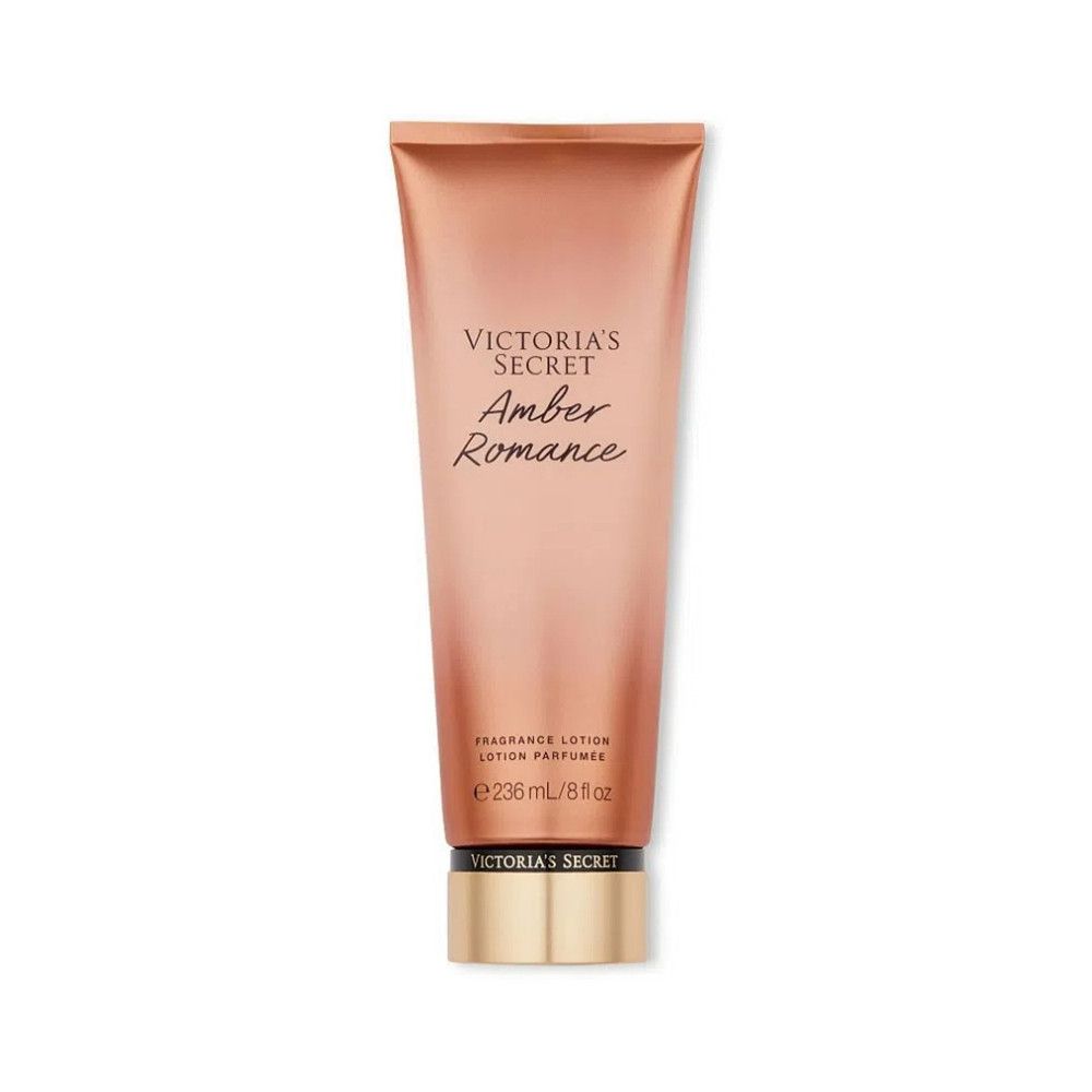 Victoria's Secret Amber Romance bodylotion in een bronzen tube met gouden dop. Bevat 236 ml.