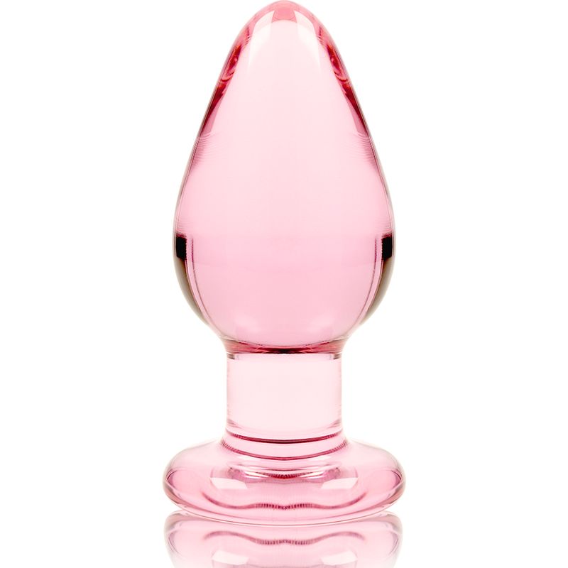 Plug anal en verre rose avec une base large, 11 cm de long, 5 cm de large.