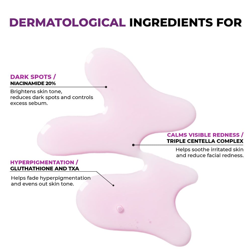 Drie druppels lichtroze vloeistof met labels over huidverzorgingsingrediënten zoals niacinamide en centella complex.