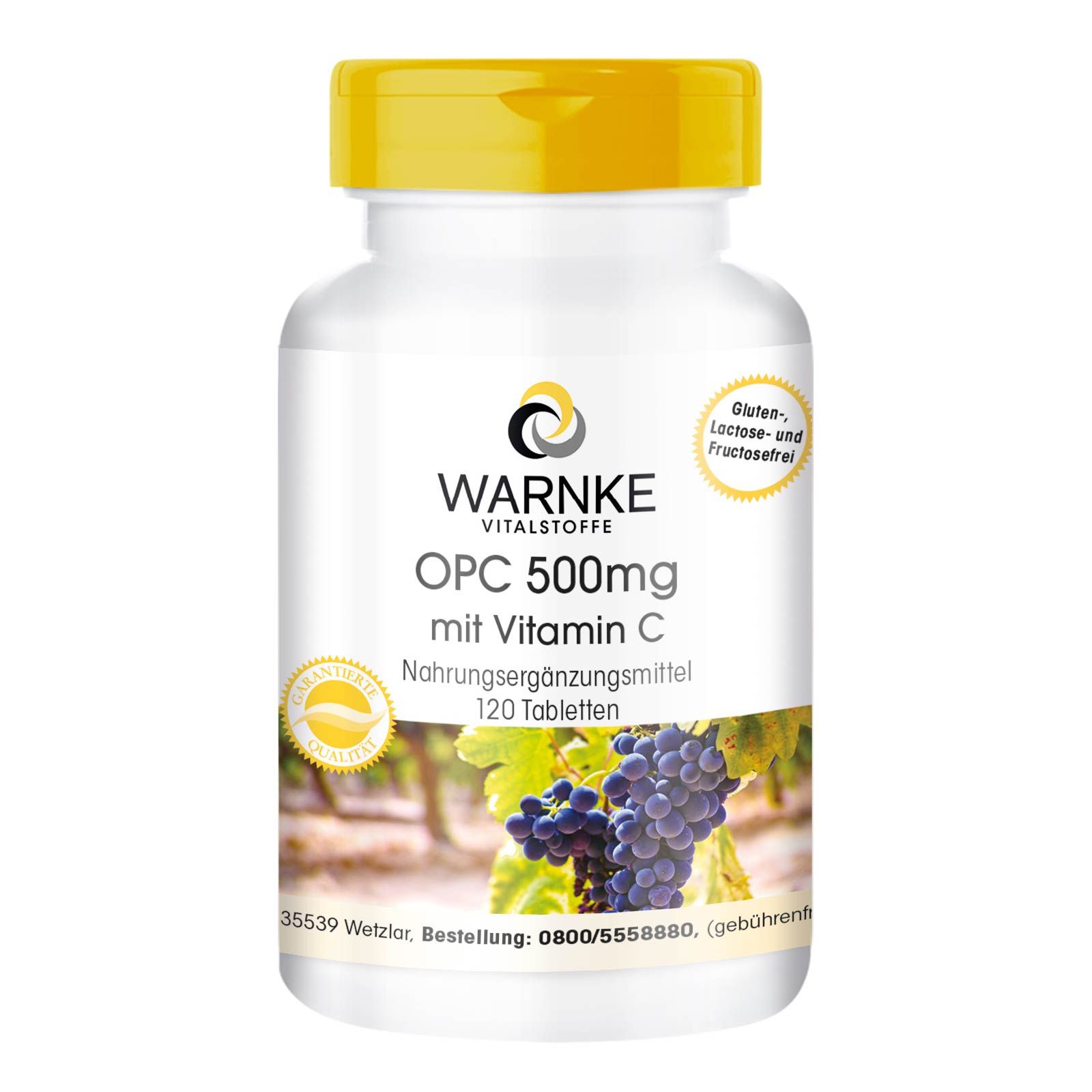 Flacon de comprimés blanc avec bouchon jaune. Inscription: Warnke Vitalstoffe OPC 500mg avec vitamine C. 120 comprimés. Sans gluten, lactose et fructose.