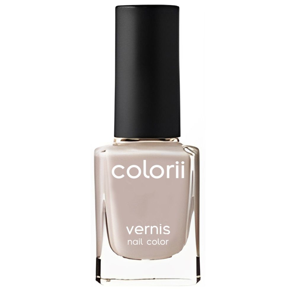Flacon de vernis à ongles avec bouchon noir. Inscription : colorii, vernis, nail color. Couleur beige clair.