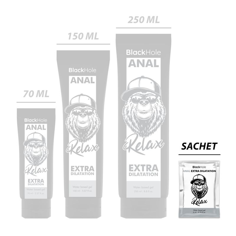 Maatvergelijking: Black Hole Anal glijmiddel in tubes van 70 ml, 150 ml, 250 ml en sachet van 6 ml.