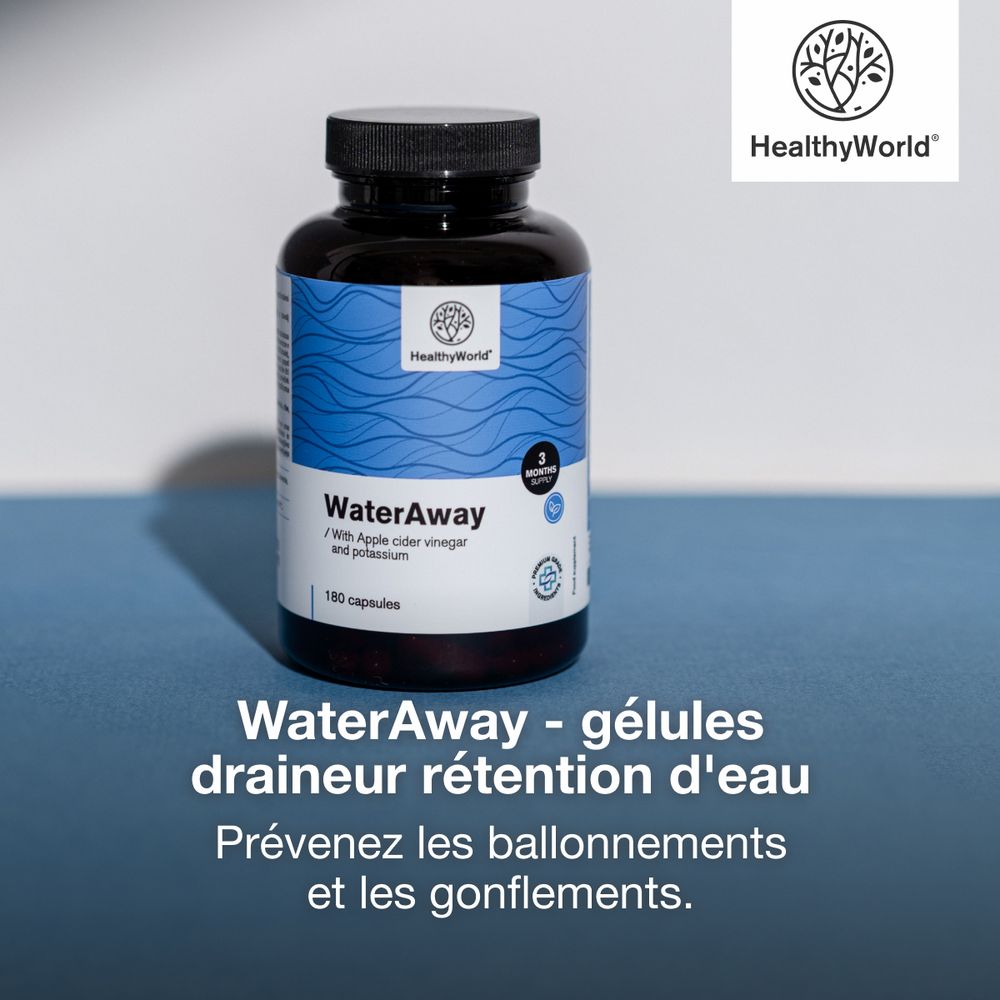 Flacon de gélules WaterAway. Texte: WaterAway - gélules drainantes. Fond bleu.
