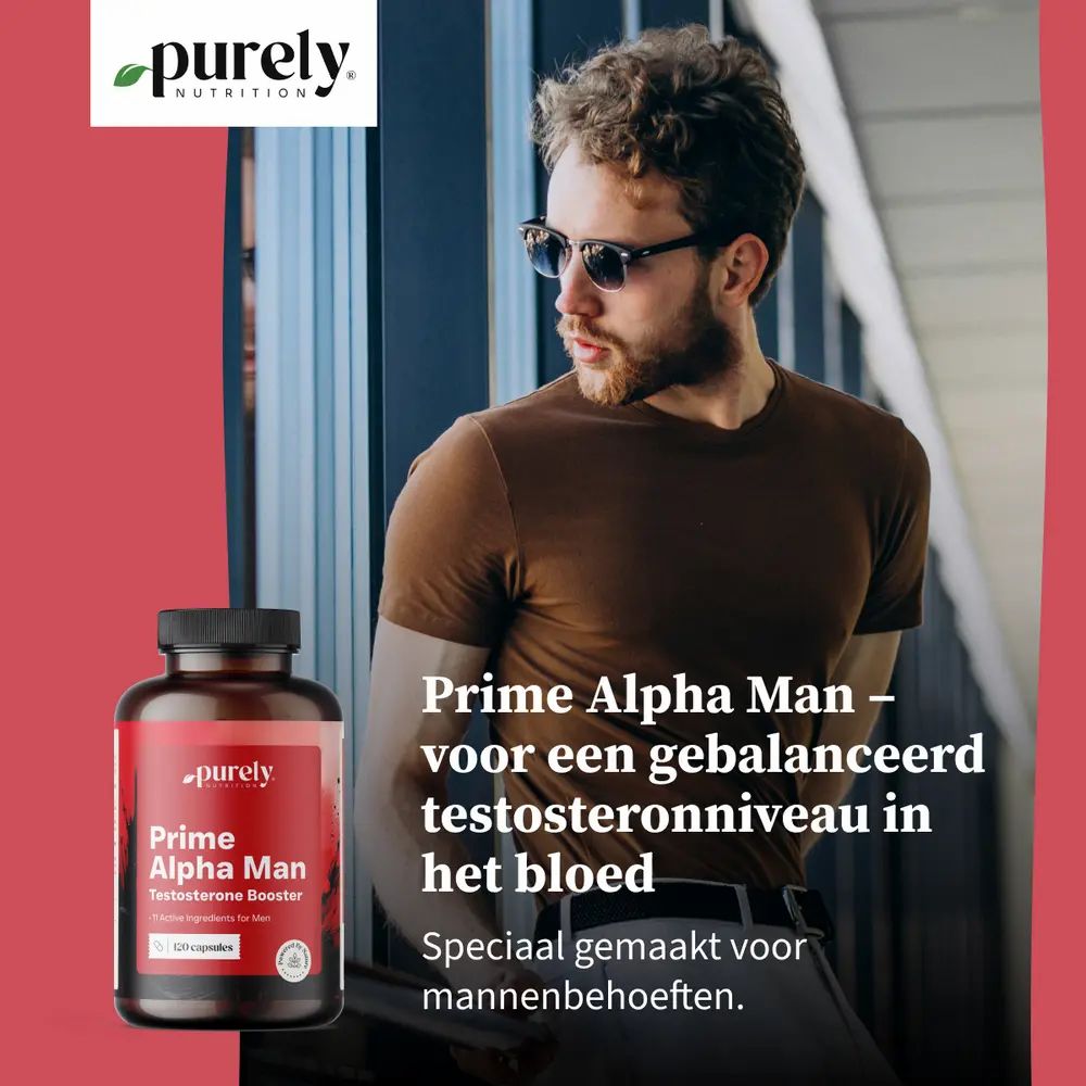 Fles en capsules. Opschrift: Prime Alpha Man. 120 capsules. Achtergrond: man en vrouw. Purely Nutrition.