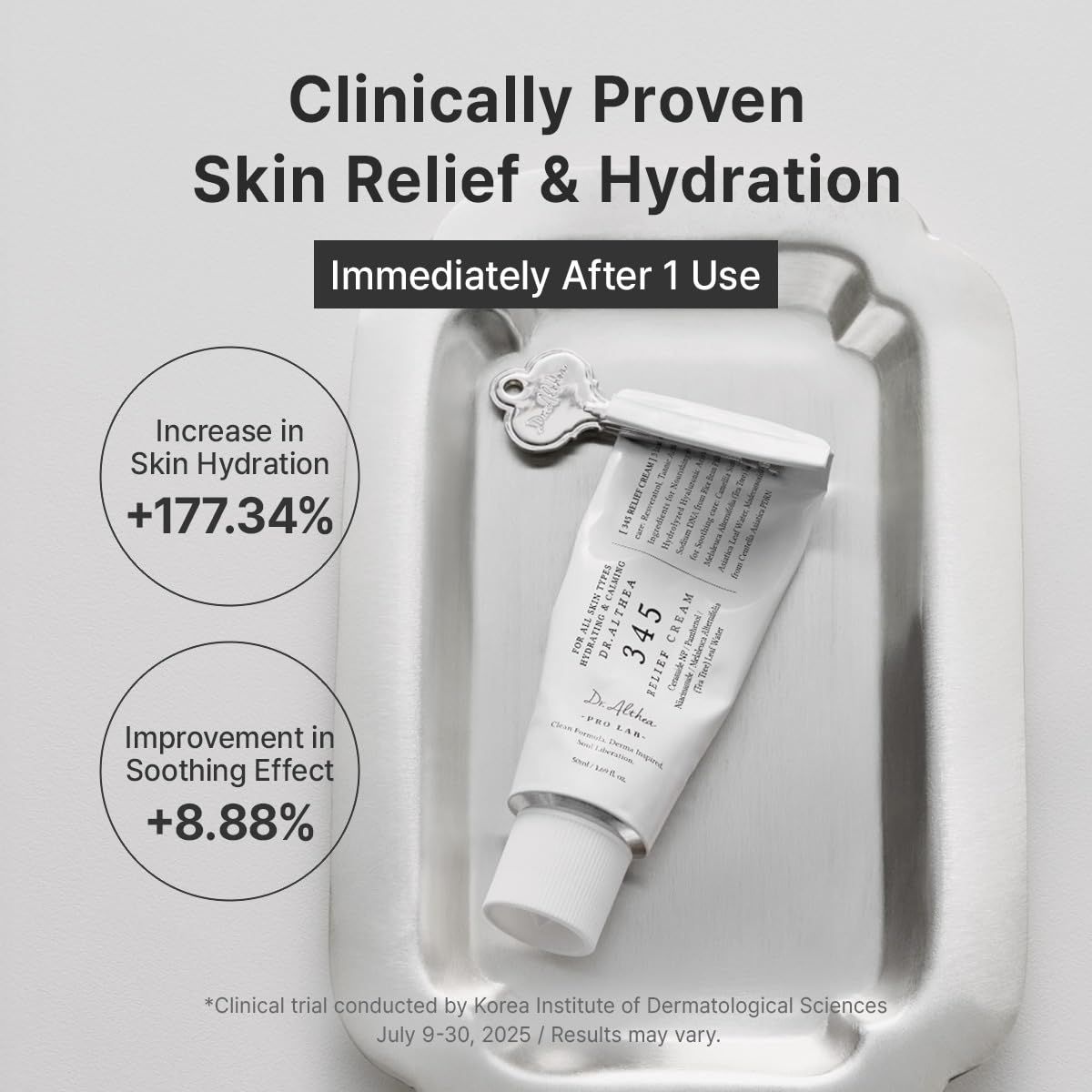 Tube Dr. Althea 345 Relief Cream sur plateau. Texte: Soulagement et hydratation de la peau cliniquement prouvés. Immédiatement après 1 utilisation.