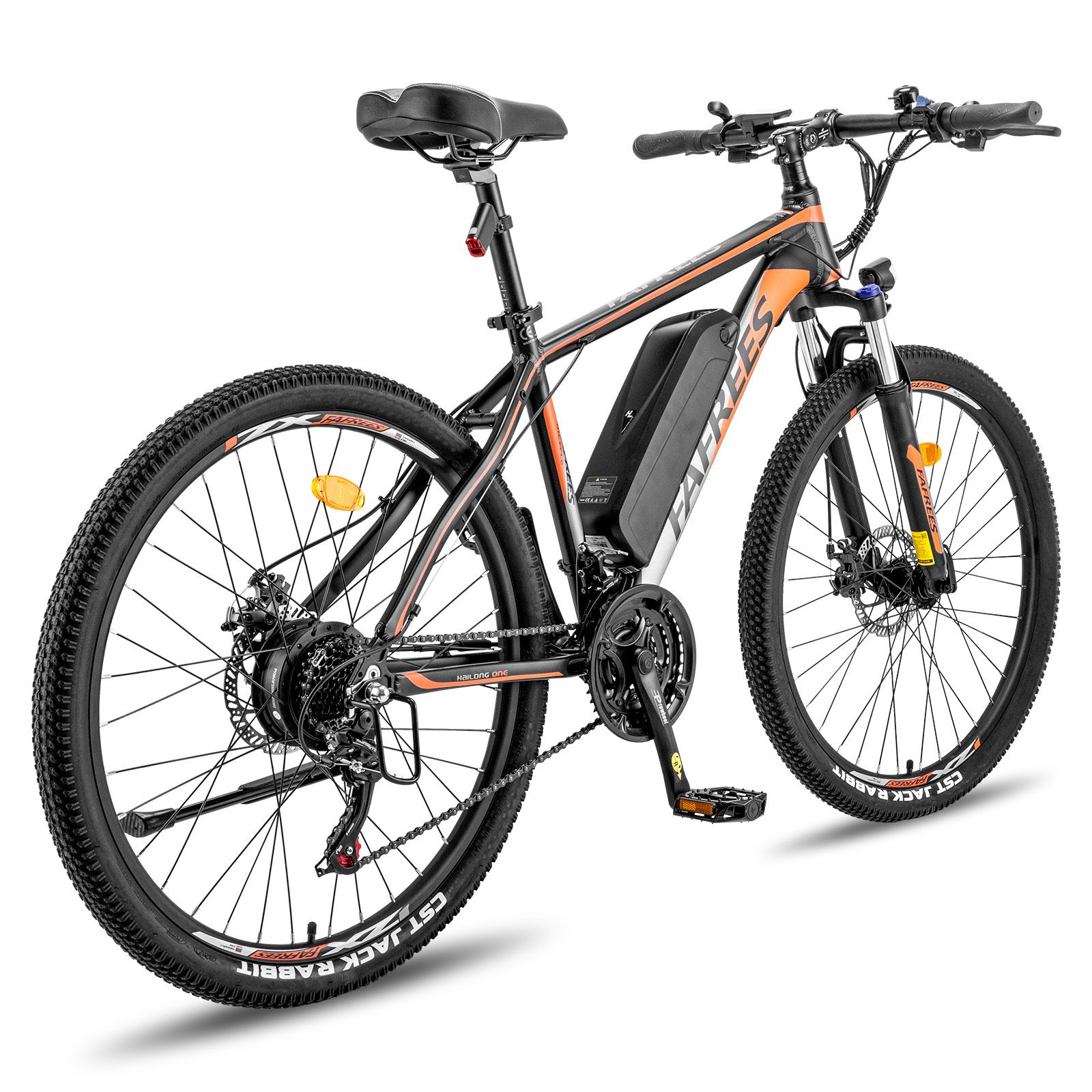 Zwarte mountainbike met oranje accenten. Zichtbaar: batterij, 21 versnellingen, schijfremmen. Opschrift: FAFREES.