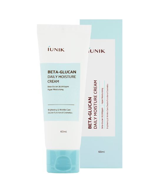 Tube blanche et étui bleu. Inscription: iUNIK, Beta-Glucan Daily Moisture Cream, 60ml.
