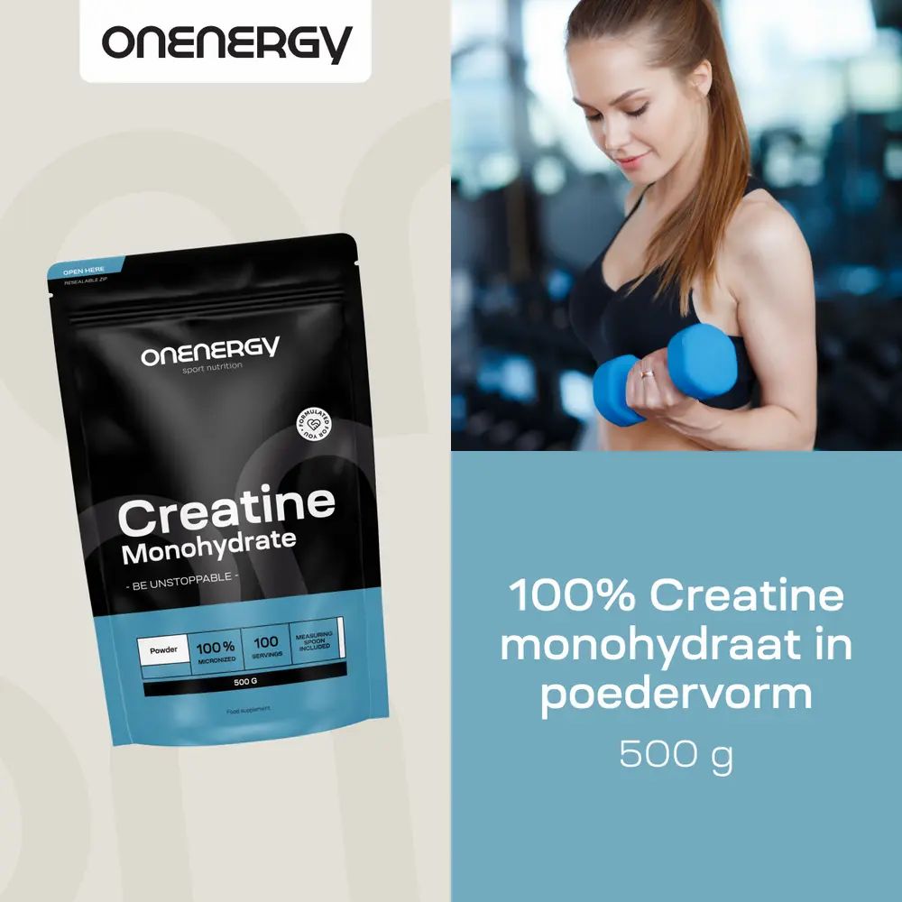 Vrouw traint met halter. OnEnergy Creatine Monohydrate zak. Tekst: 100% creatine monohydraat in poedervorm, 500 g.