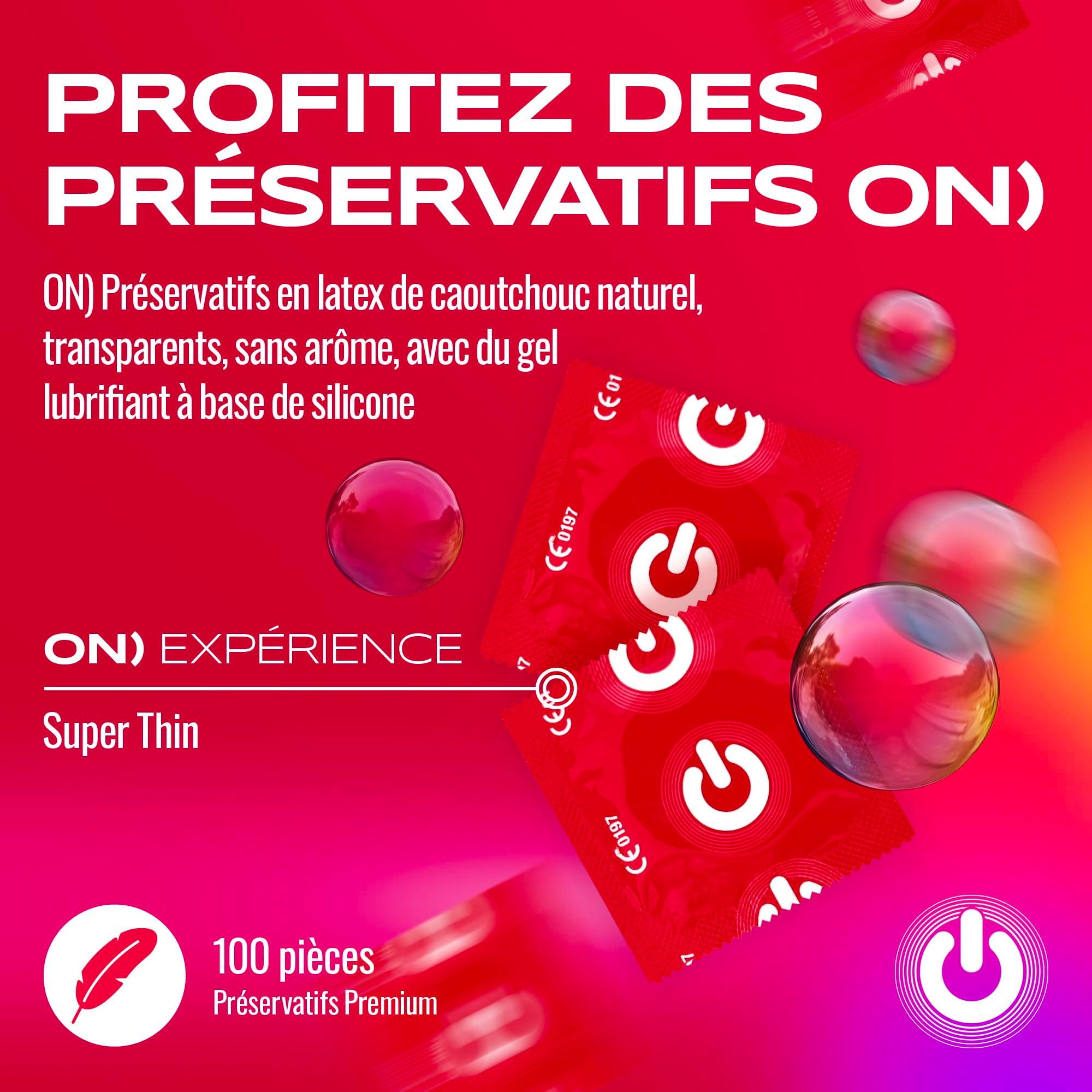 Pack de 100 préservatifs ON) Super Thin en latex naturel, transparents, sans odeur, avec silicone.