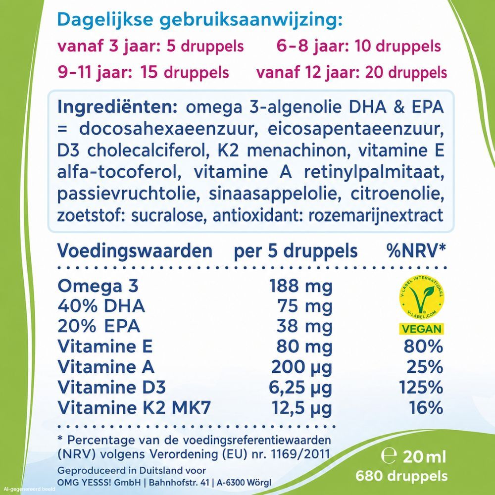 Grafiek met vis, cellen en kinderen die yoga doen. Toont voordelen van Omega-3 algenolie voor kinderen.