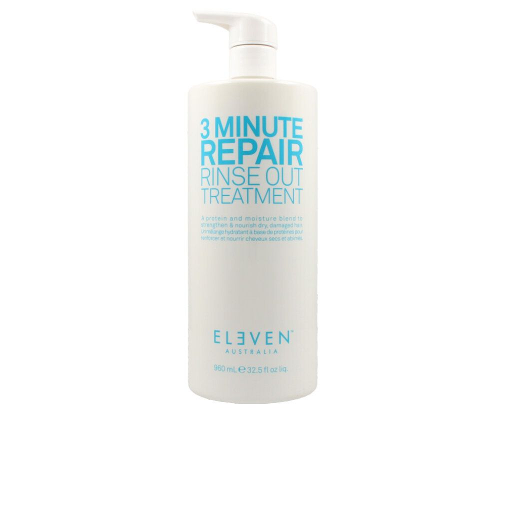 Flacon blanc avec texte bleu: 3 Minute Repair Rinse Out Treatment. Marque: Eleven Australia. Avec pompe.