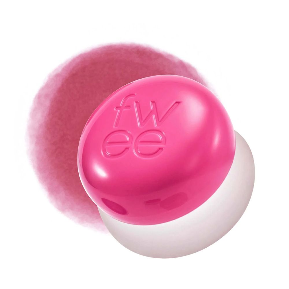 Ronde, glanzende roze container met 'fwee' logo. Naast een zachte roze vlek.