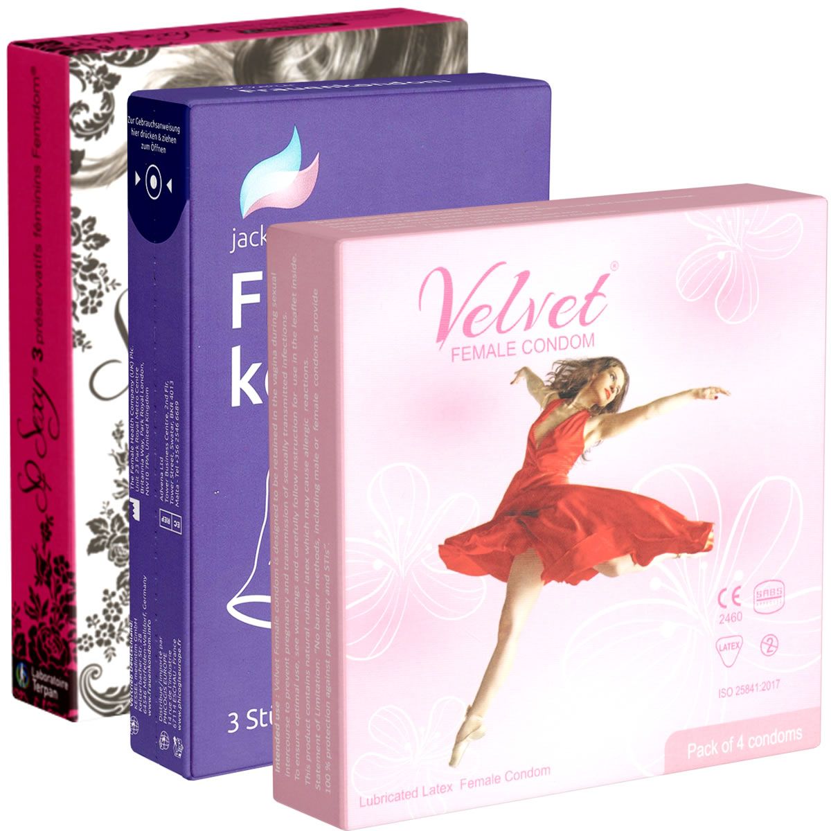 Trois paquets de préservatifs féminins : Velvet (4 unités), Jack Frost (3 unités) et un autre paquet.