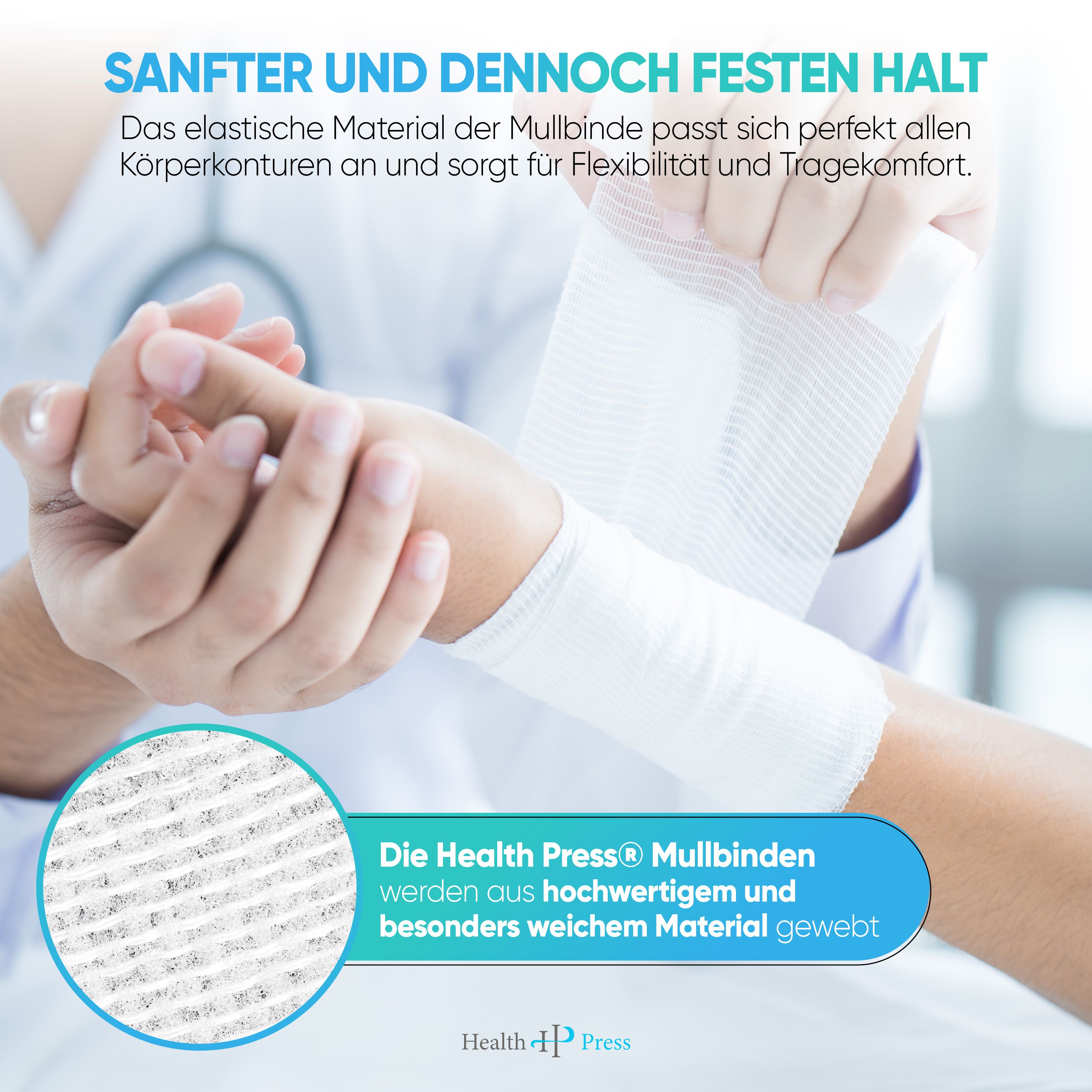 Main enveloppée d'un bandage. Texte: Health Press® bandages en matériau de haute qualité. Maintien doux.