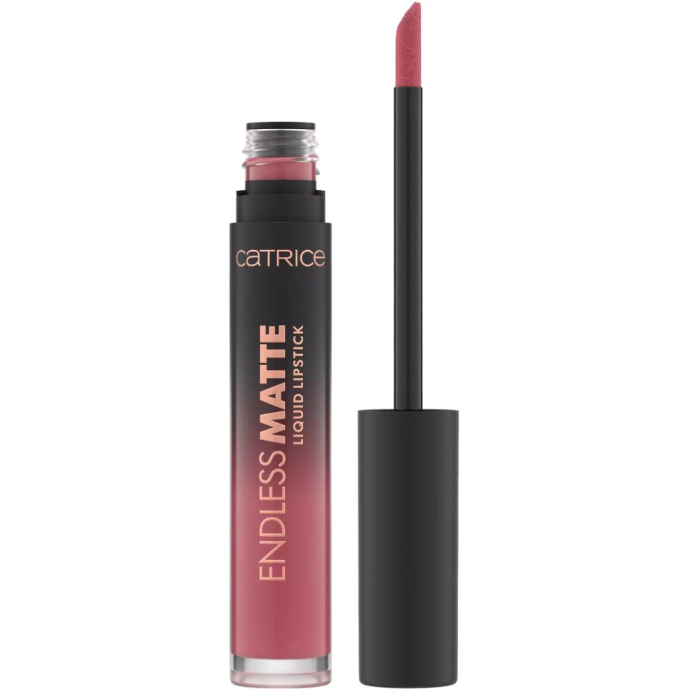 Rouge à lèvres liquide avec bouchon et applicateur noirs. Inscription: ENDLESS MATTE LIQUID LIPSTICK. Marque: CATRICE.