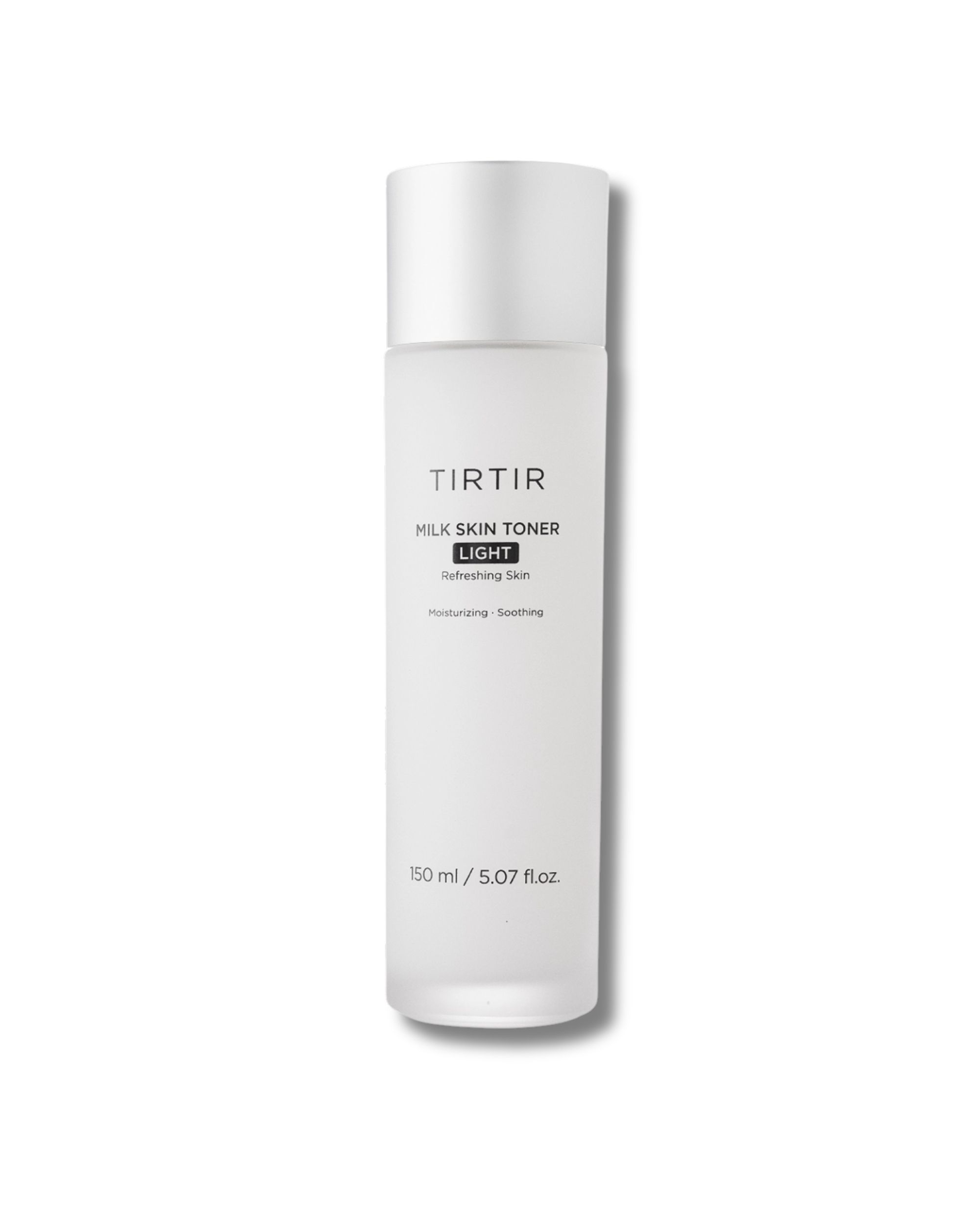 TIRTIR Milk Skin Toner Light. Witte fles met zilveren dop. Tekst: Milk Skin Toner Light, 150 ml.