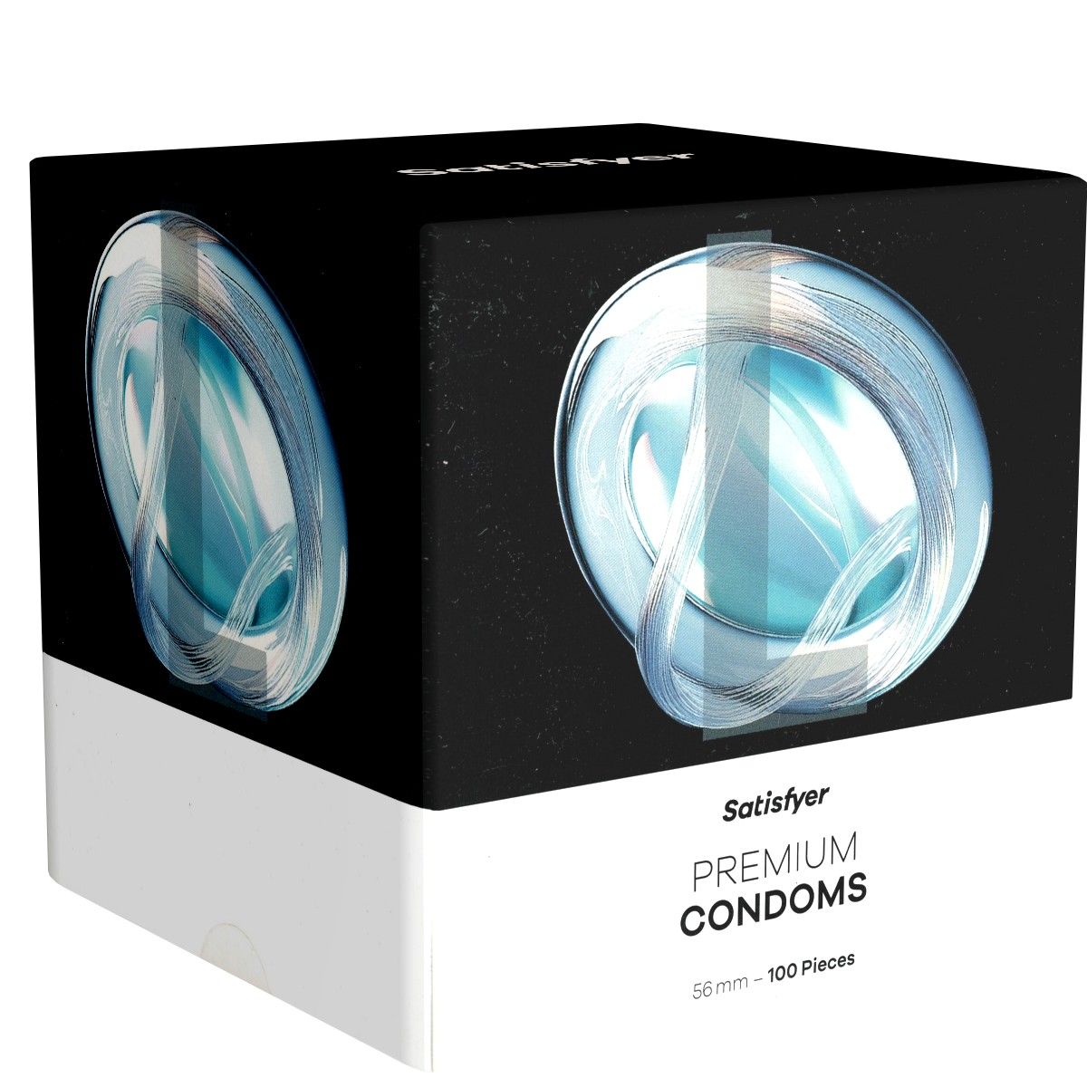 Verpakking van Satisfyer Premium Condoms. Zwart deksel met abstract ontwerp, witte bodem. Opschrift: Premium Condoms, 56 mm - 100 stuks.
