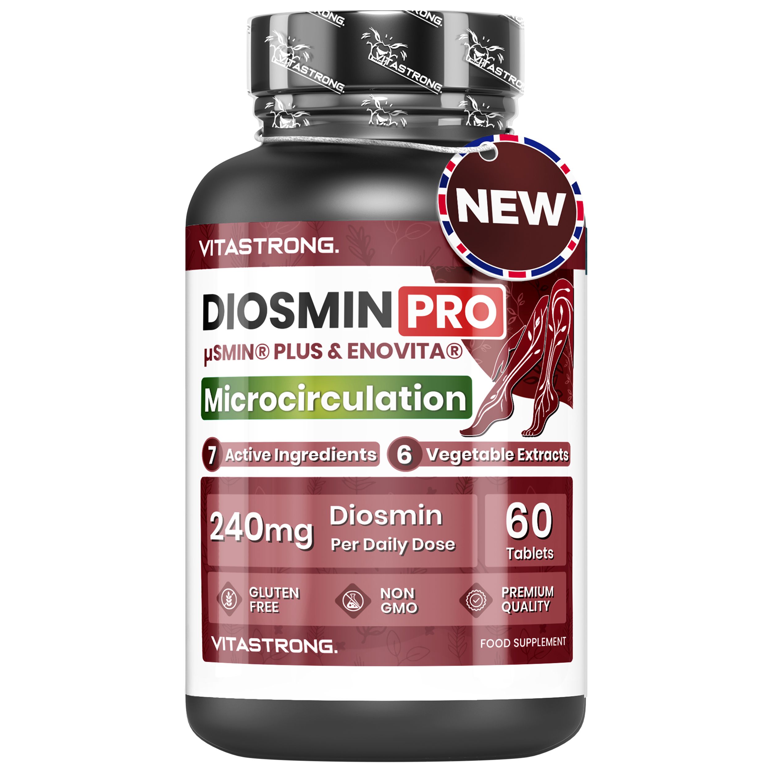 Vitastrong Diosmin PRO. Fles met tabletten. Tekst: 7 actieve ingrediënten, 6 plantenextracten, 240mg Diosmine, 60 tabletten. Glutenvrij, geen GGO's.
