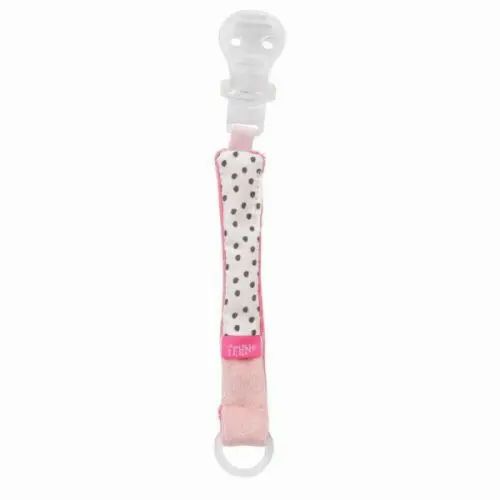 Fopspeenketting Rosa. Roze stof met witte stippen, transparante ring en speen. Trixie-logo.