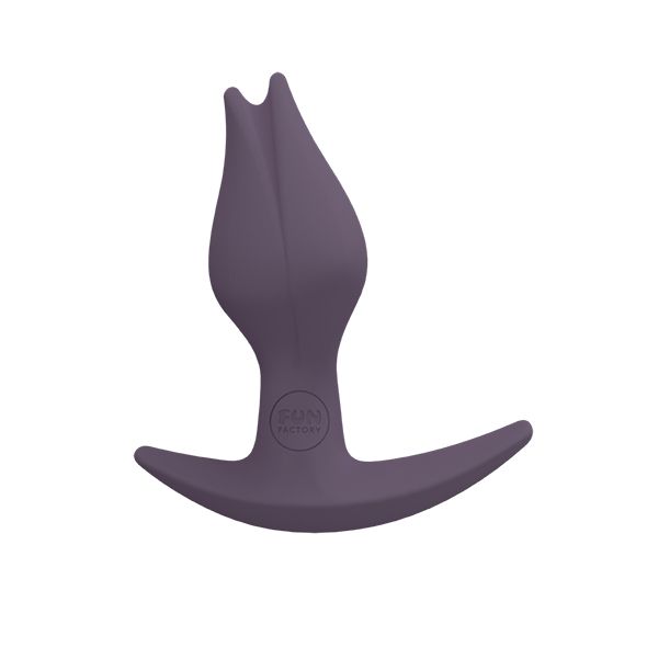 Bouchon anal gris foncé en forme de fleur avec une base large.