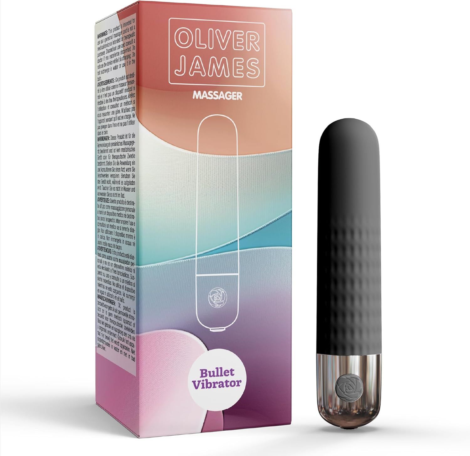 Oliver James Bullet Vibrator in zwart met zilveren accent. Verpakking inbegrepen.
