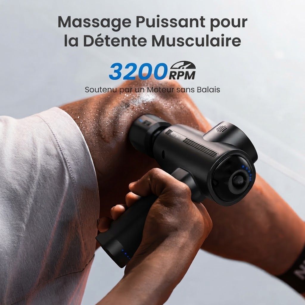 Pistolet de massage noir 3200 tr/min appliqué sur un bras.